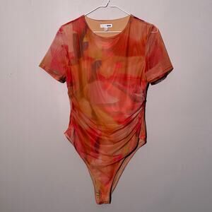 Fashion Nova, abstract orange sheer with liner body suit, women's XL